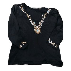 Michelle Nicole black beaded V-neck 3/4 sleeves stretch shell detail, size large